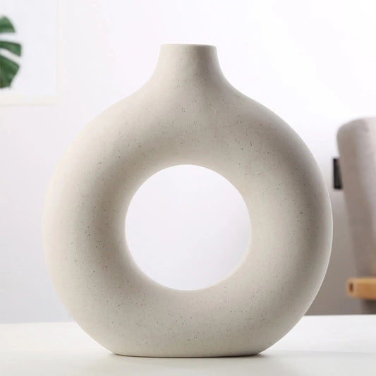Nordic Modern Ceramic Donut Vase Matt Creative Circular Design for Living Room Handcrafted Flower Irregular Decorative Bottle